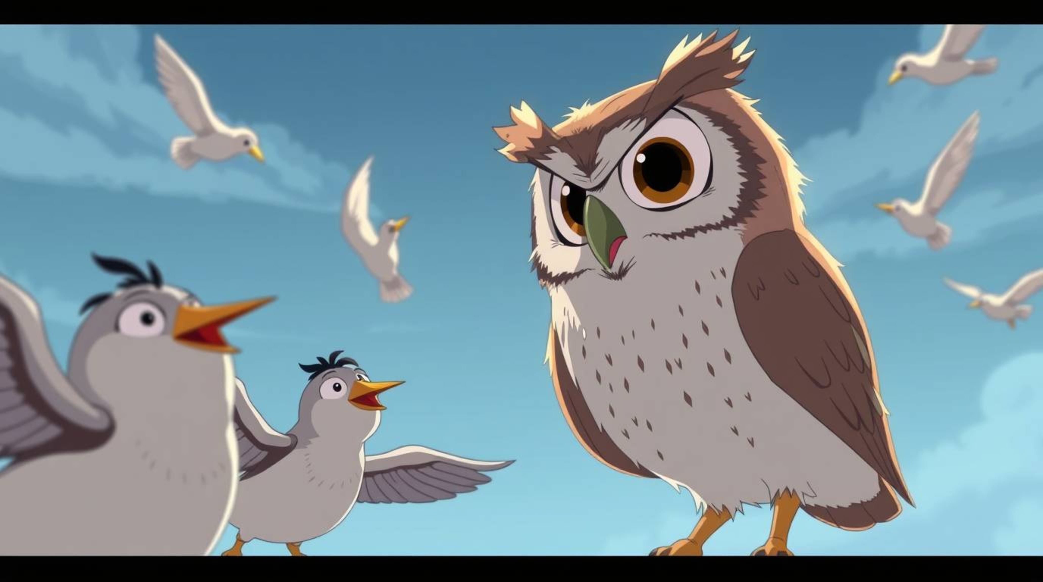 A heartwarming Isekai anime-style illustration in the Pixar style, depicts a blind owl with large, expressive eyes dedicatedl