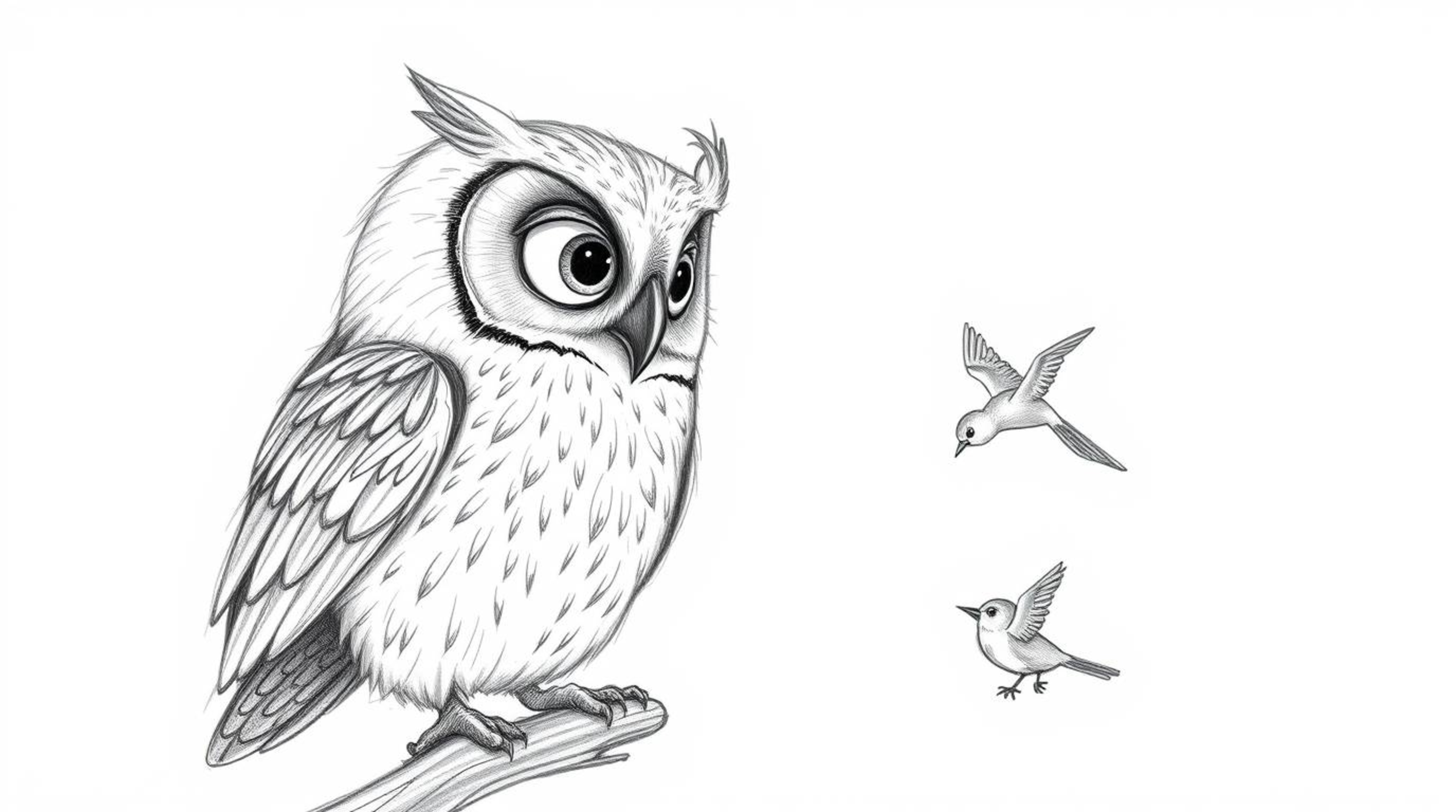A charming hand-drawn sketch in the style of Pixar, depicting a wise, gentle blind owl patiently teaching small birds to fly.