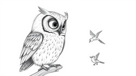 A charming hand-drawn sketch in the style of Pixar, depicting a wise, gentle blind owl patiently teaching small birds to fly.