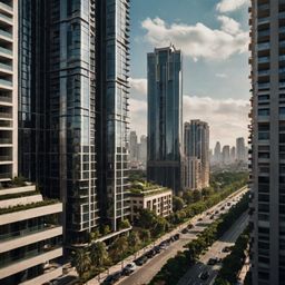 Explore a breathtaking modern cityscape characterized by its sleek lines, expansive boulevards, and soaring luxury apartments