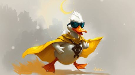 A dynamic digital sketch depicts a duck in a zany superhero costume, rendered with loose, painterly strokes.  The artwork evo
