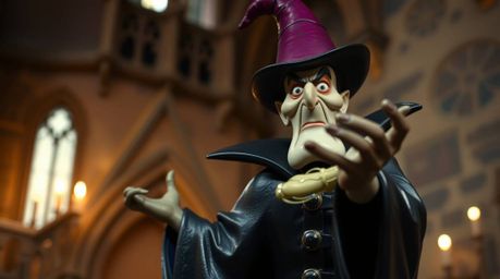 A sharply focused, classic Disney villain casts a spell within the aged walls of an old castle. Rendered with a cast bronze s