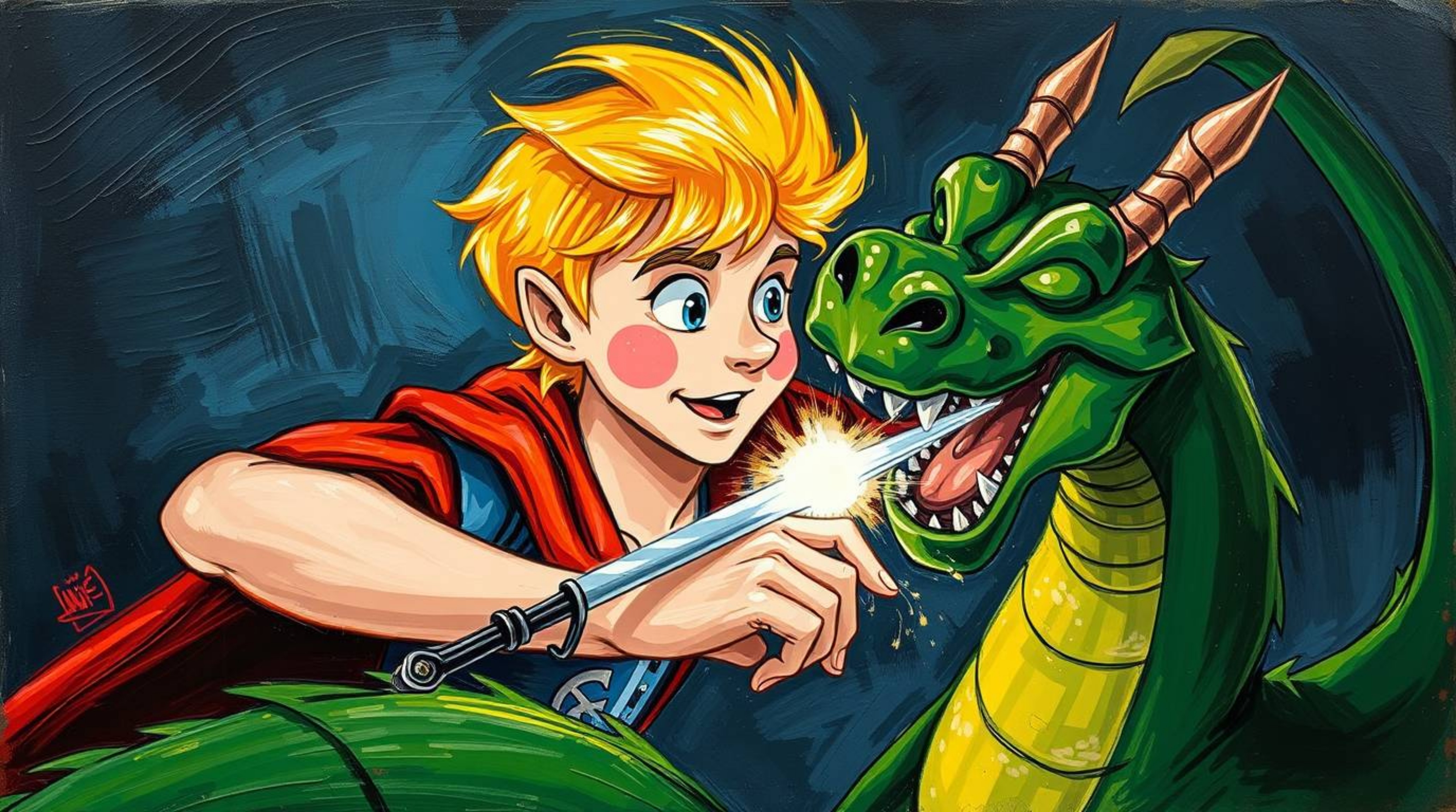 A vibrant acrylic painting in a 1950s animation style depicts a charming prince with rosy cheeks and blonde hair battling a g
