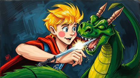 A vibrant acrylic painting in a 1950s animation style depicts a charming prince with rosy cheeks and blonde hair battling a g