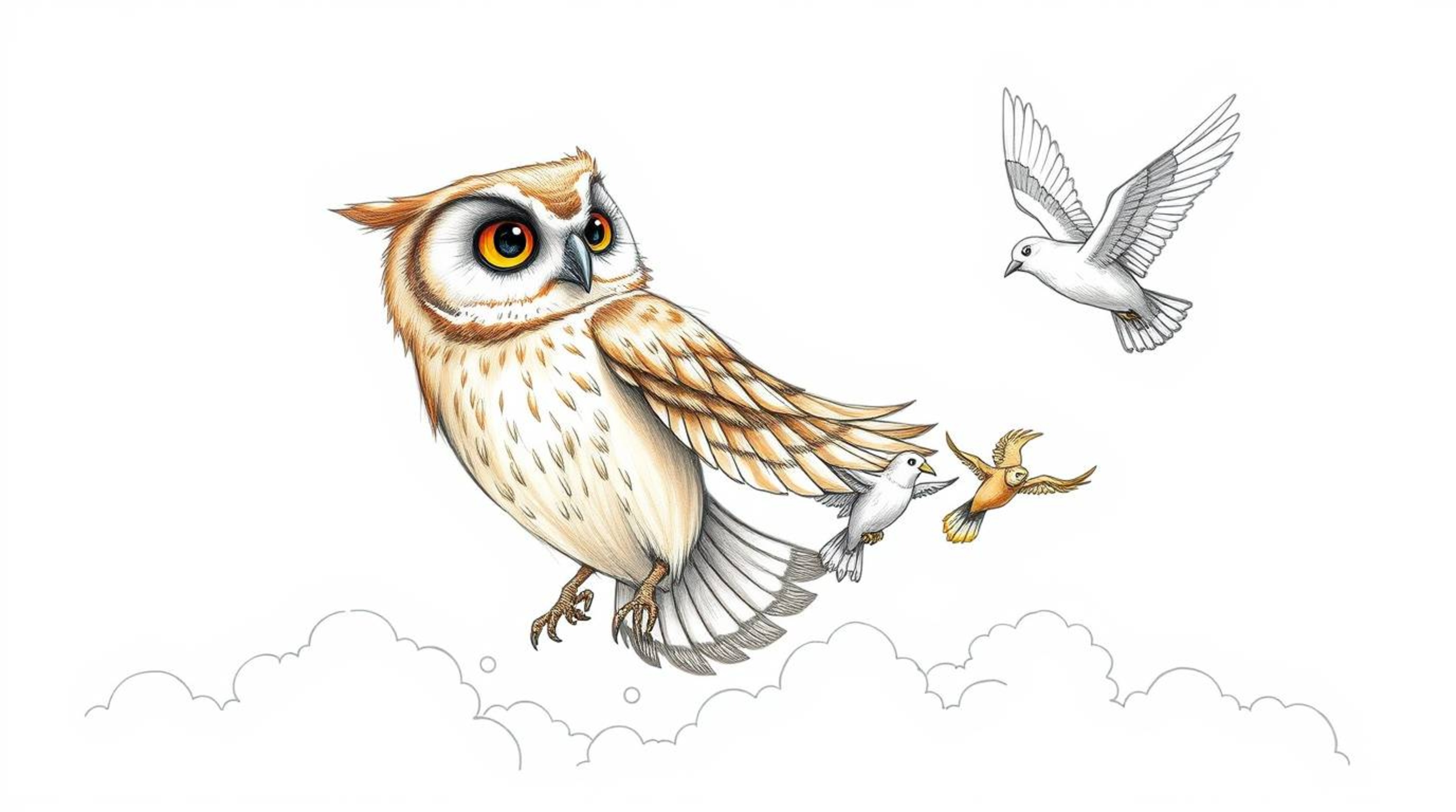 A hand-drawn sketch with textured pencil strokes against a white background depicts a blind, majestic owl with soft brown plu
