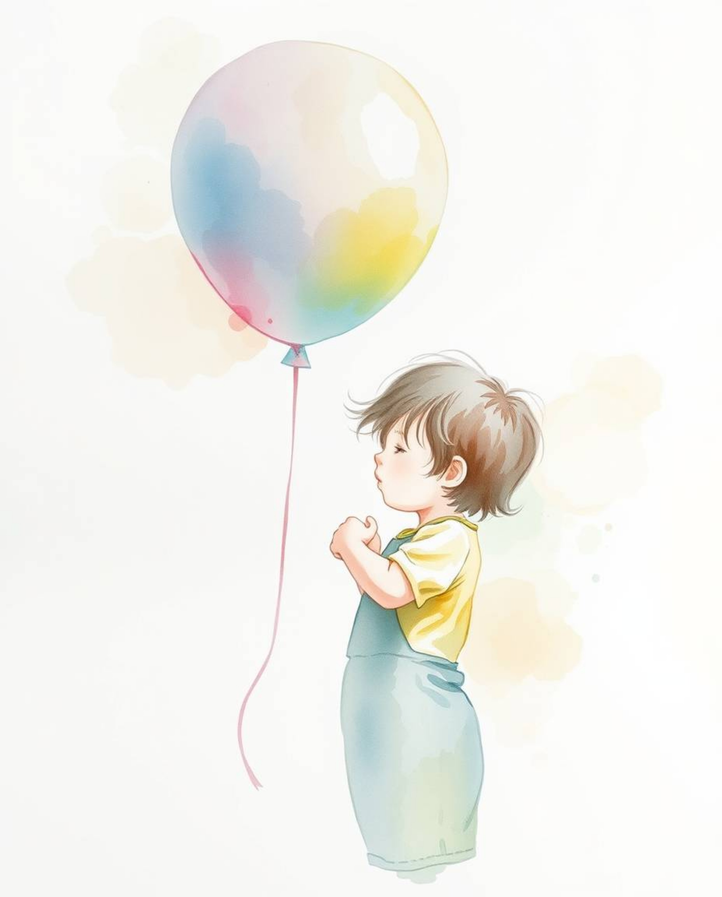 A captivating watercolor painting depicts a child joyfully holding a balloon.  The artwork showcases translucent washes and f