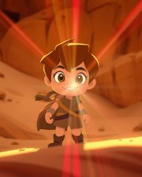 Embark on a captivating Disney-style desert adventure featuring a brave hero amidst a landscape bathed in bright lens flare a