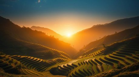 Experience the serene beauty of sunset over mountain rice terraces, captured with intense dramatic lighting and soft pastel h