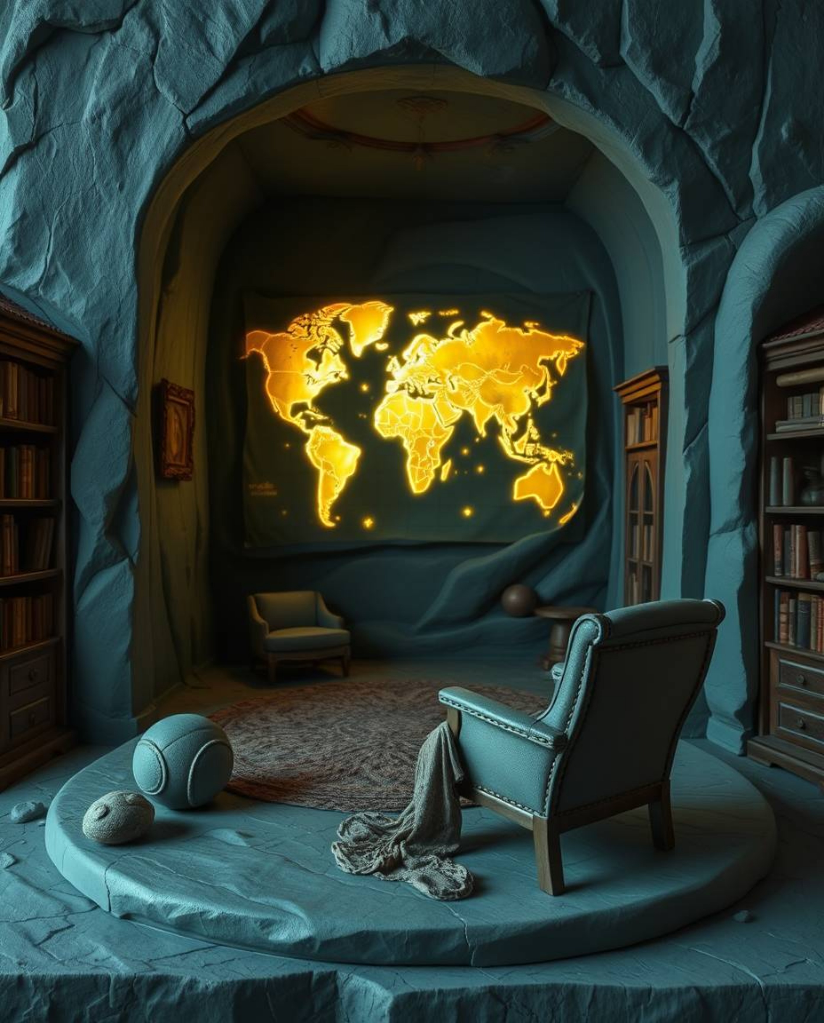 A sculptural clay art piece depicting a glowing map projection within the setting of an old study, bathed in a rich and deep 