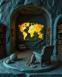 A sculptural clay art piece depicting a glowing map projection within the setting of an old study, bathed in a rich and deep 