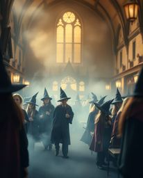 Experience a magical school filled with young wizards through a soft cinematic haze effect. The scene is brought to life with