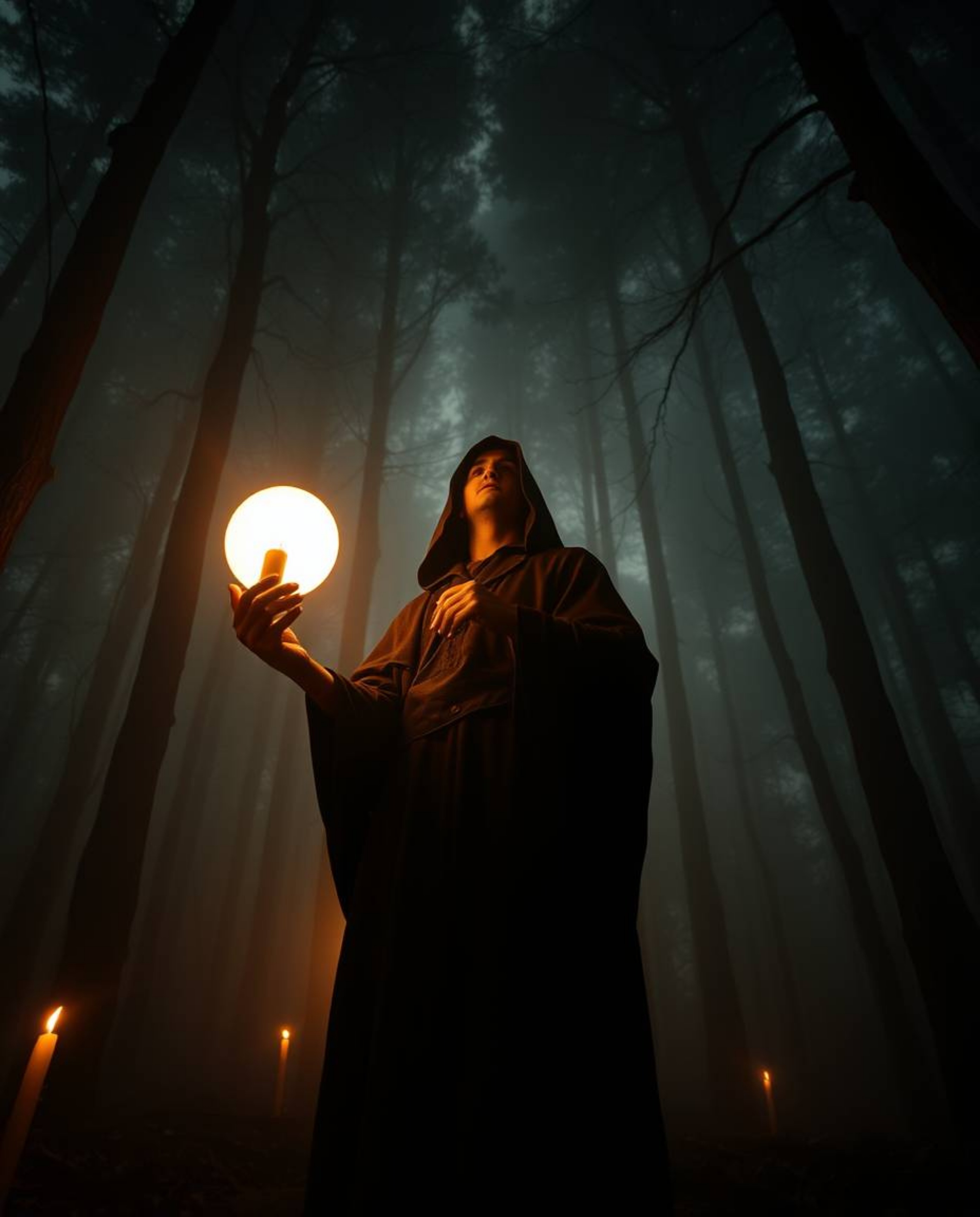 A captivating scene unfolds in a misty forest, where a cloaked figure stands bathed in the warm glow of candlelight. Holding 
