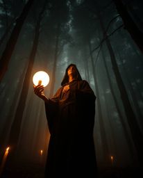 A captivating scene unfolds in a misty forest, where a cloaked figure stands bathed in the warm glow of candlelight. Holding 