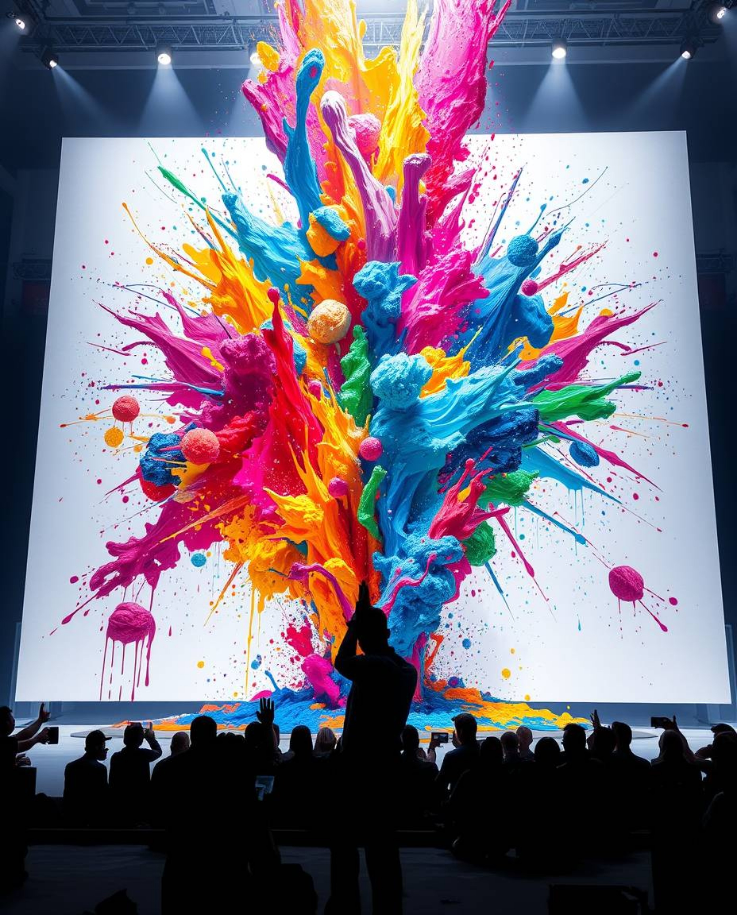 Witness a modern, futuristic grand epic scene brought to life by strong hard light. A vibrant explosion of colorful paint spl