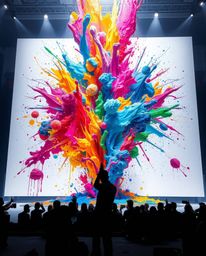 Witness a modern, futuristic grand epic scene brought to life by strong hard light. A vibrant explosion of colorful paint spl