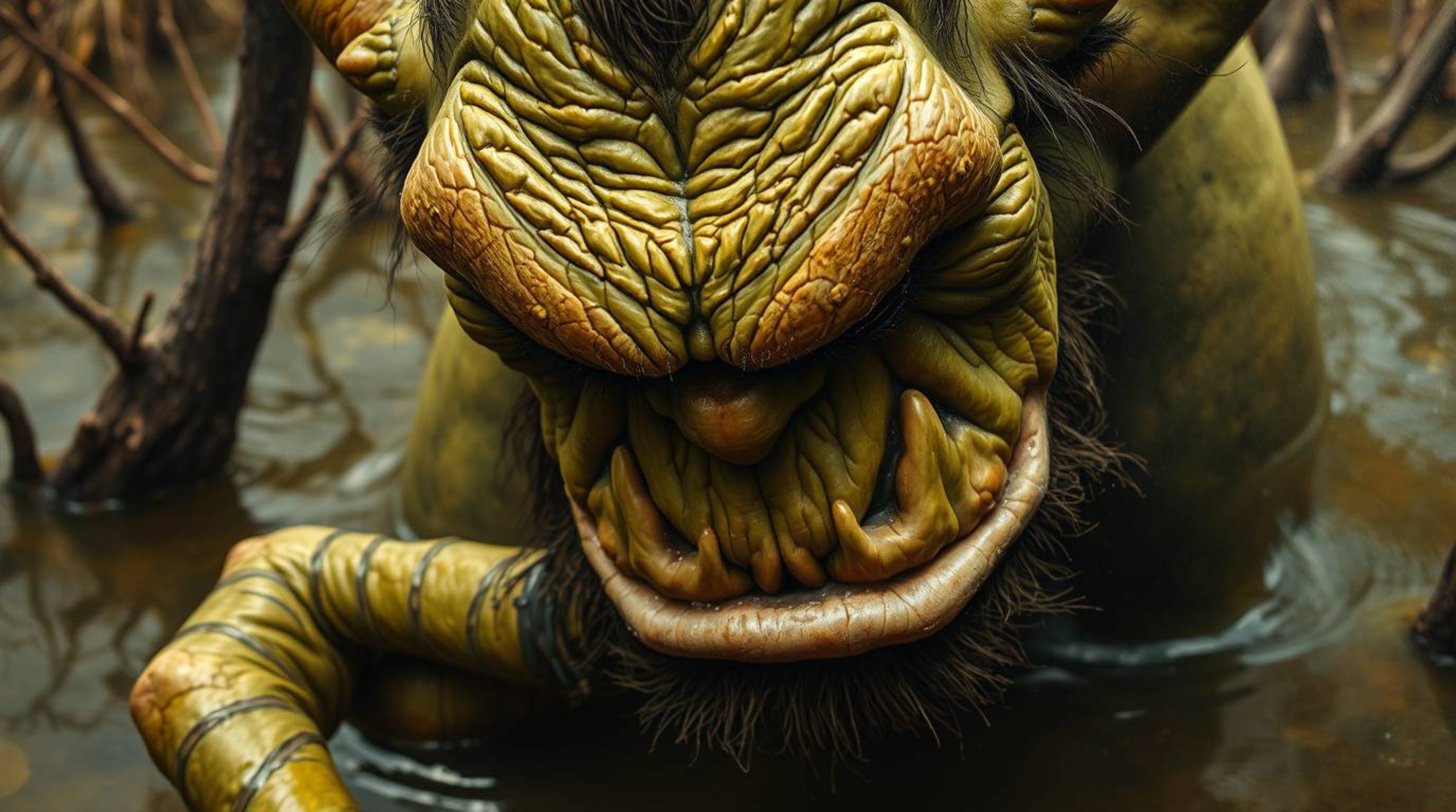 A captivating close-up oil painting depicts an ogre with incredibly detailed facial features and textured skin, joyfully danc