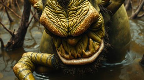 A captivating close-up oil painting depicts an ogre with incredibly detailed facial features and textured skin, joyfully danc