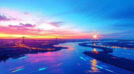 A captivating hand-drawn sketch depicts a river delta bathed in the magical glow of twilight. Iridescent colors shimmer acros
