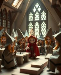 Discover a whimsical world of a magical school brimming with young wizards, exquisitely rendered in intricate origami style. 