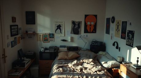 Discover a unique artistic depiction of a messy bedroom featuring weird gadgets and posters.  The image showcases a modern fl