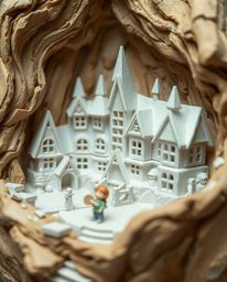 This extreme macro photograph captures the intricate details of a layered papier-mâché creation: a magical school teeming wit
