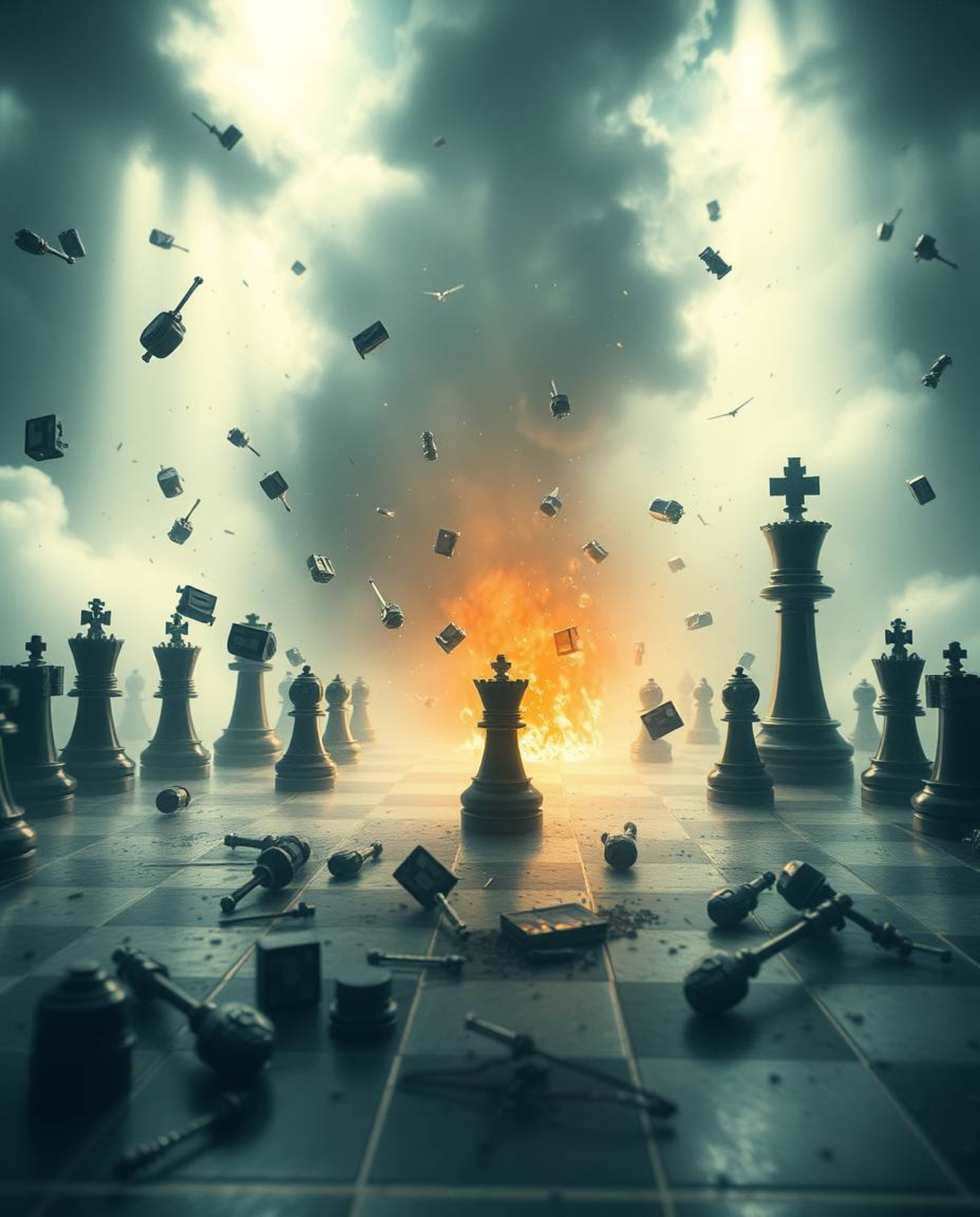 A captivating image depicting a massive chessboard frozen mid-battle, pieces suspended in mid-air amidst a scene of destructi