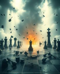 A captivating image depicting a massive chessboard frozen mid-battle, pieces suspended in mid-air amidst a scene of destructi