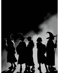 Discover captivating images of silhouetted young wizards at a magical school. These moody, stylized illustrations emphasize