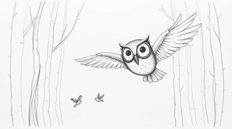 A captivating hand-drawn sketch showcasing a blind owl with large, wise eyes gliding gracefully through a forest. The texture