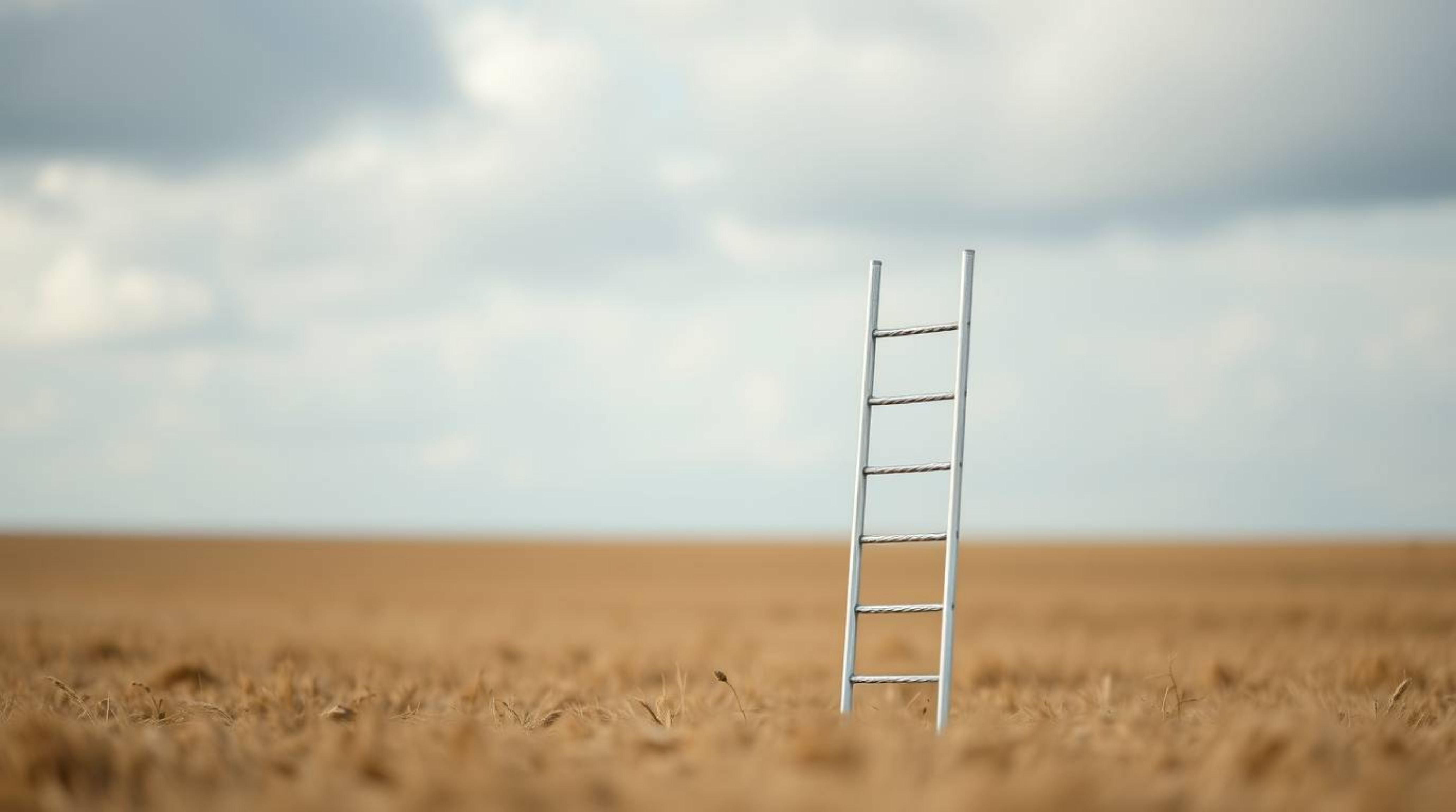 A minimalist macro photograph showcasing a silver ladder standing alone in an open field beneath a wide, cloudy sky. This ima