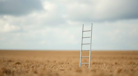 A minimalist macro photograph showcasing a silver ladder standing alone in an open field beneath a wide, cloudy sky. This ima