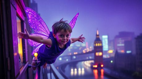 A captivating scene depicts a young boy soaring above London, propelled by pixie dust amidst a wet, rainy atmosphere. The ima