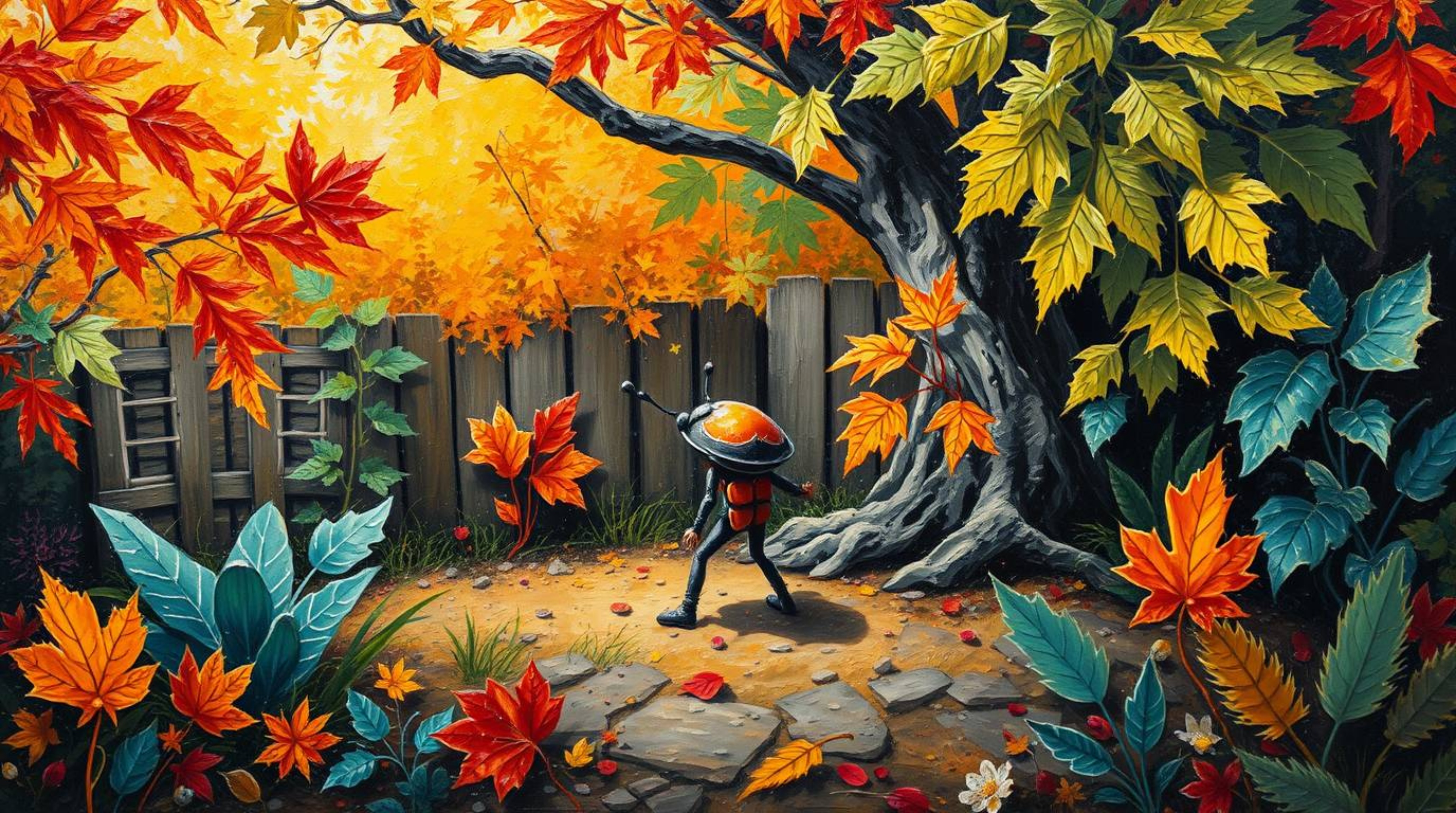 Discover a captivating acrylic painting depicting a miniature hero's adventure in a vibrant backyard jungle.  Warm autumn col