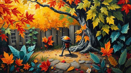 Discover a captivating acrylic painting depicting a miniature hero's adventure in a vibrant backyard jungle.  Warm autumn col