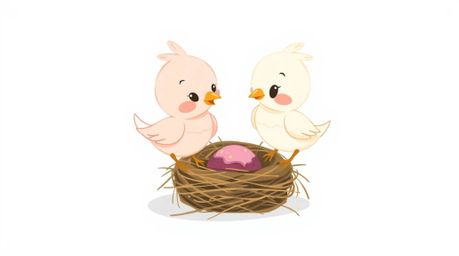 A delightful pastel drawing featuring two cartoon birds diligently building a nest, rendered in a classic animation style. Th