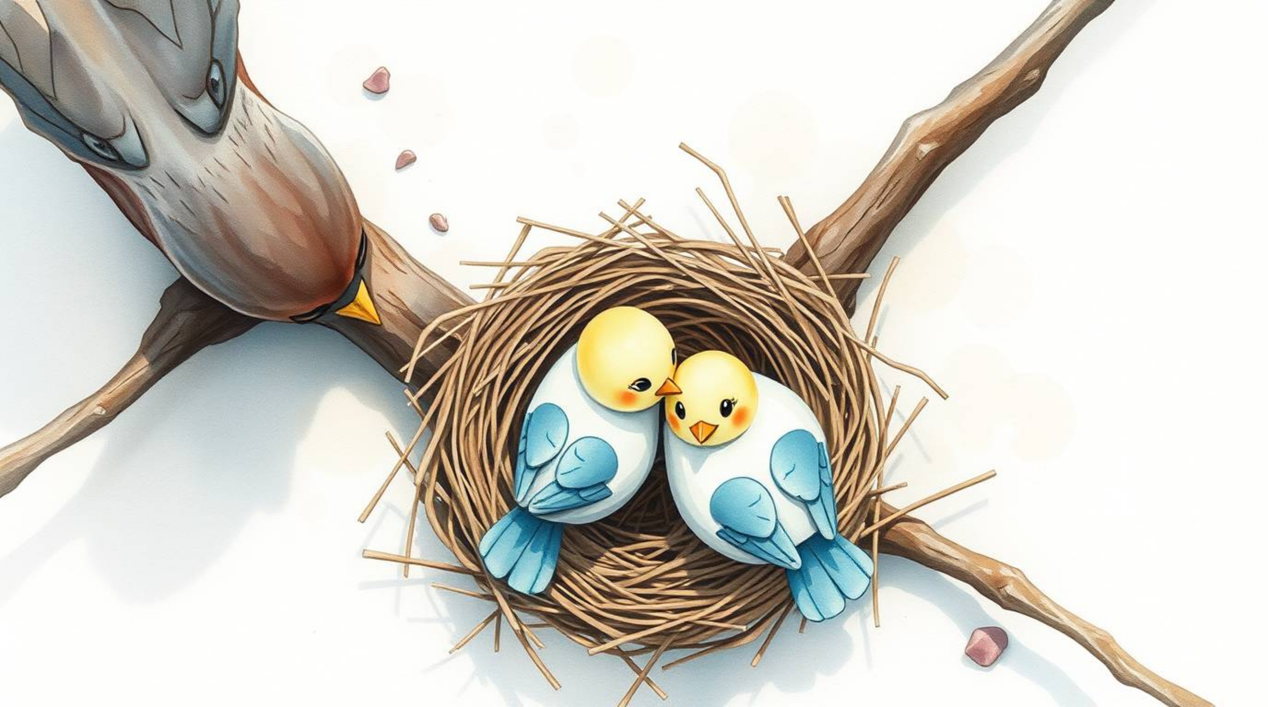 A charming watercolor painting depicts two cartoon birds meticulously constructing a nest from a bird's-eye view.  Rendered i