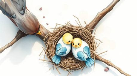 A charming watercolor painting depicts two cartoon birds meticulously constructing a nest from a bird's-eye view. Rendered i