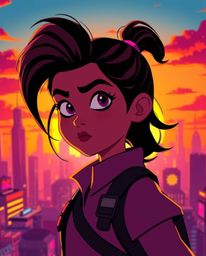 A captivating image of a determined young inventor girl, silhouetted against a vibrant, futuristic city sunset. Rendered in a