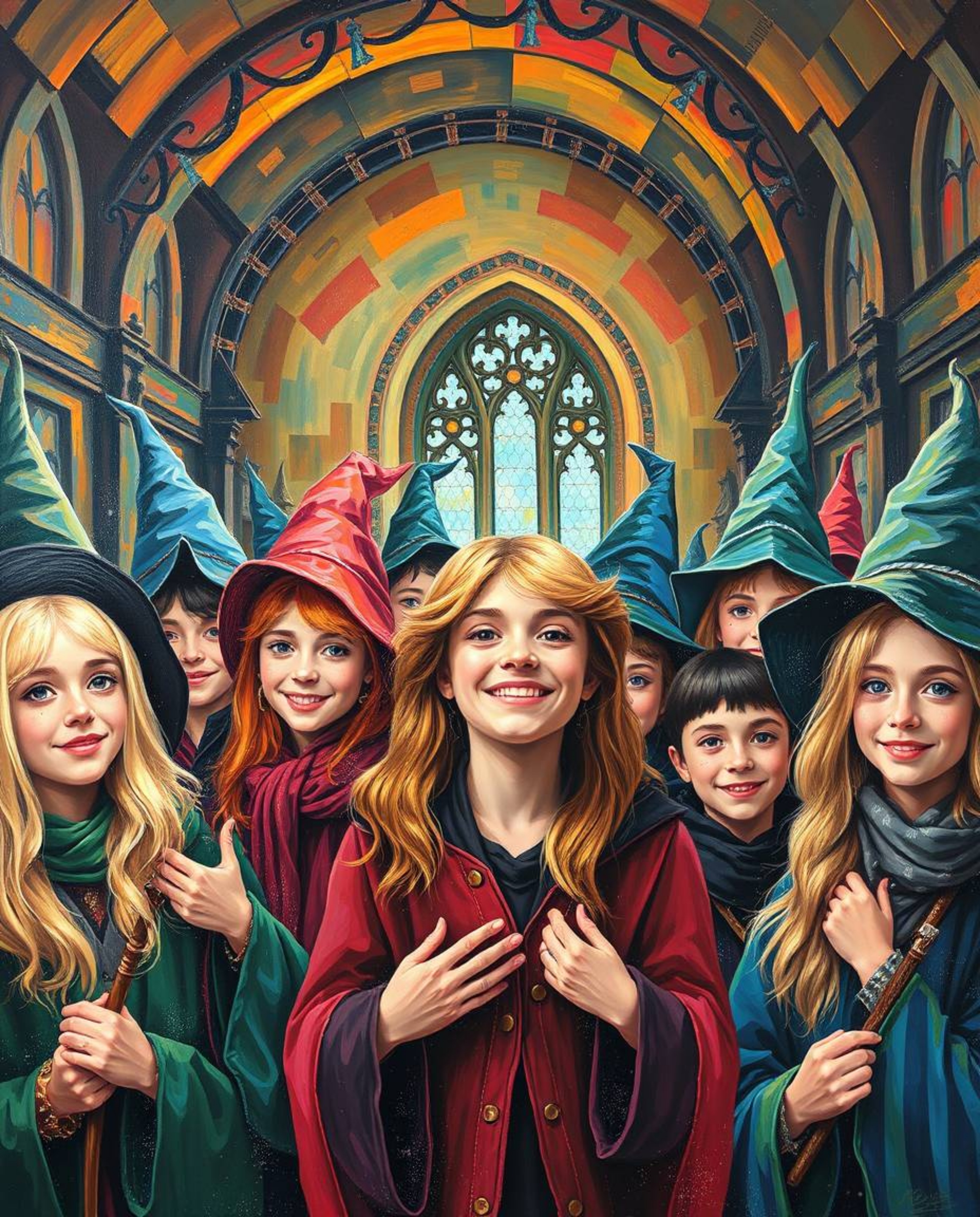 This bold acrylic painting depicts a magical school brimming with young wizards, brought to life with vibrant colors and text
