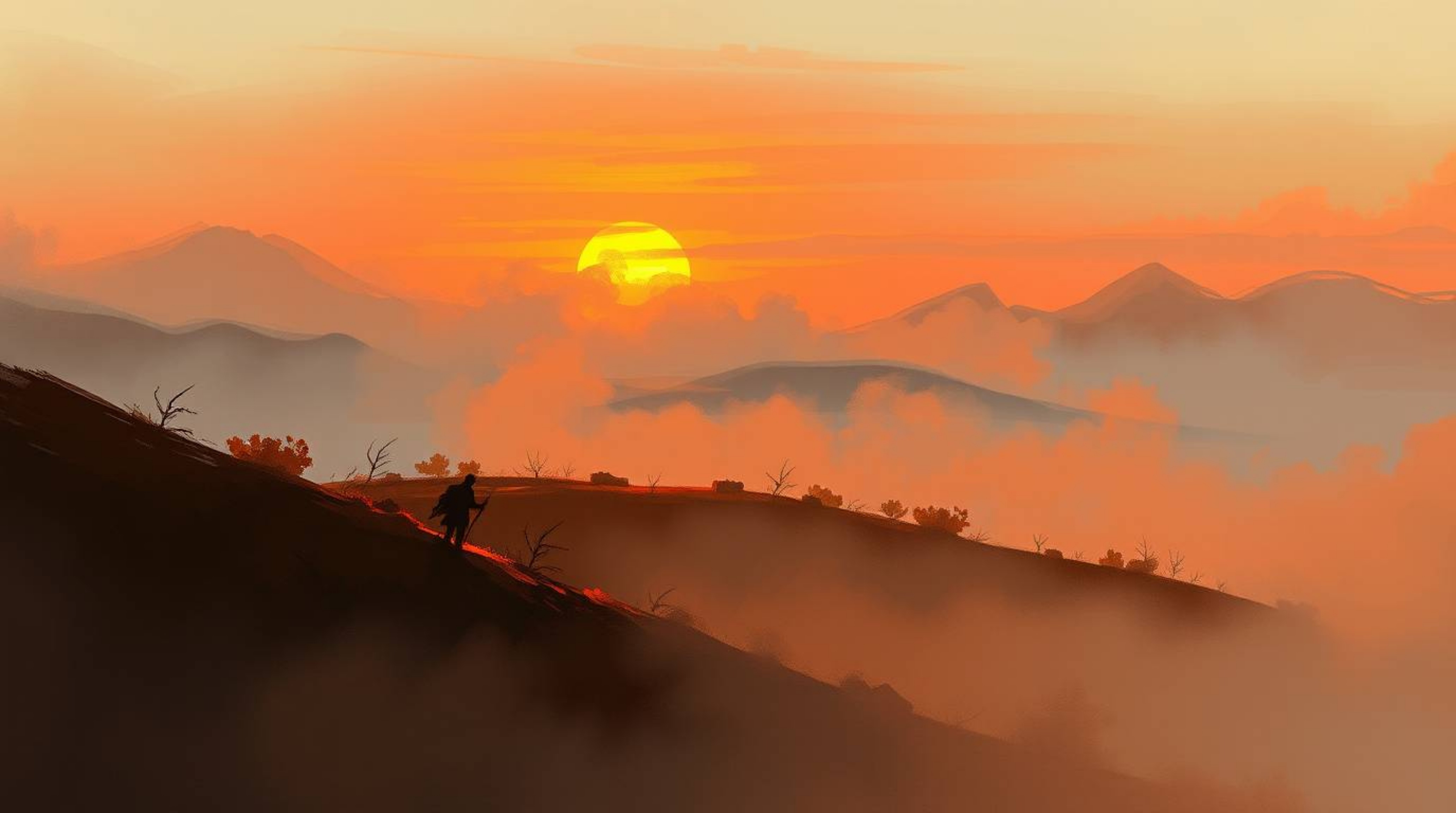 A dynamic digital sketch capturing fog-covered hills bathed in the warm light of a setting sun. The artwork features loose, p