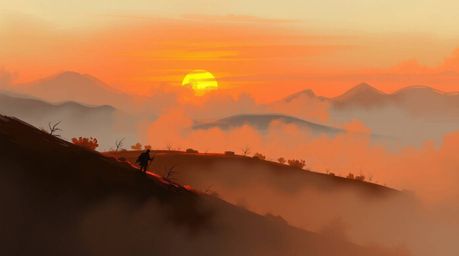 A dynamic digital sketch capturing fog-covered hills bathed in the warm light of a setting sun. The artwork features loose, p