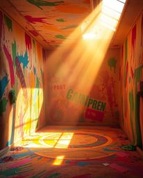Experience a room exploding with vibrant paint, bathed in a warm golden glow and infused with a hazy, soft light. This create