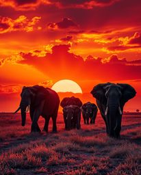 Elephants walking across a sunset field, captured with intense dramatic lighting, high contrast, and electric vivid colors to