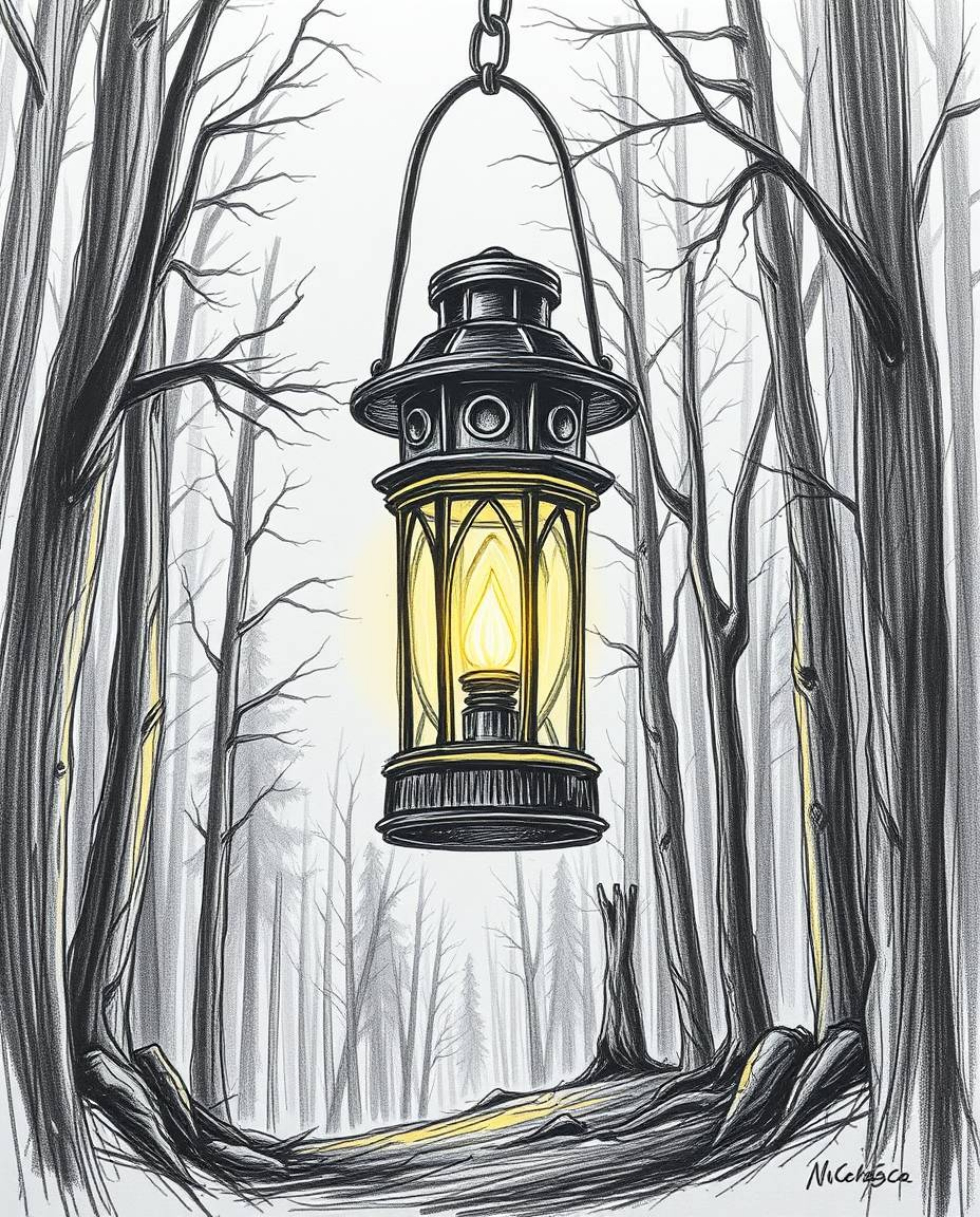 A captivating hand-drawn sketch depicts a massive, glowing lantern illuminating a dark forest.  The image features rough, tex