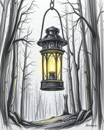 A captivating hand-drawn sketch depicts a massive, glowing lantern illuminating a dark forest.  The image features rough, tex
