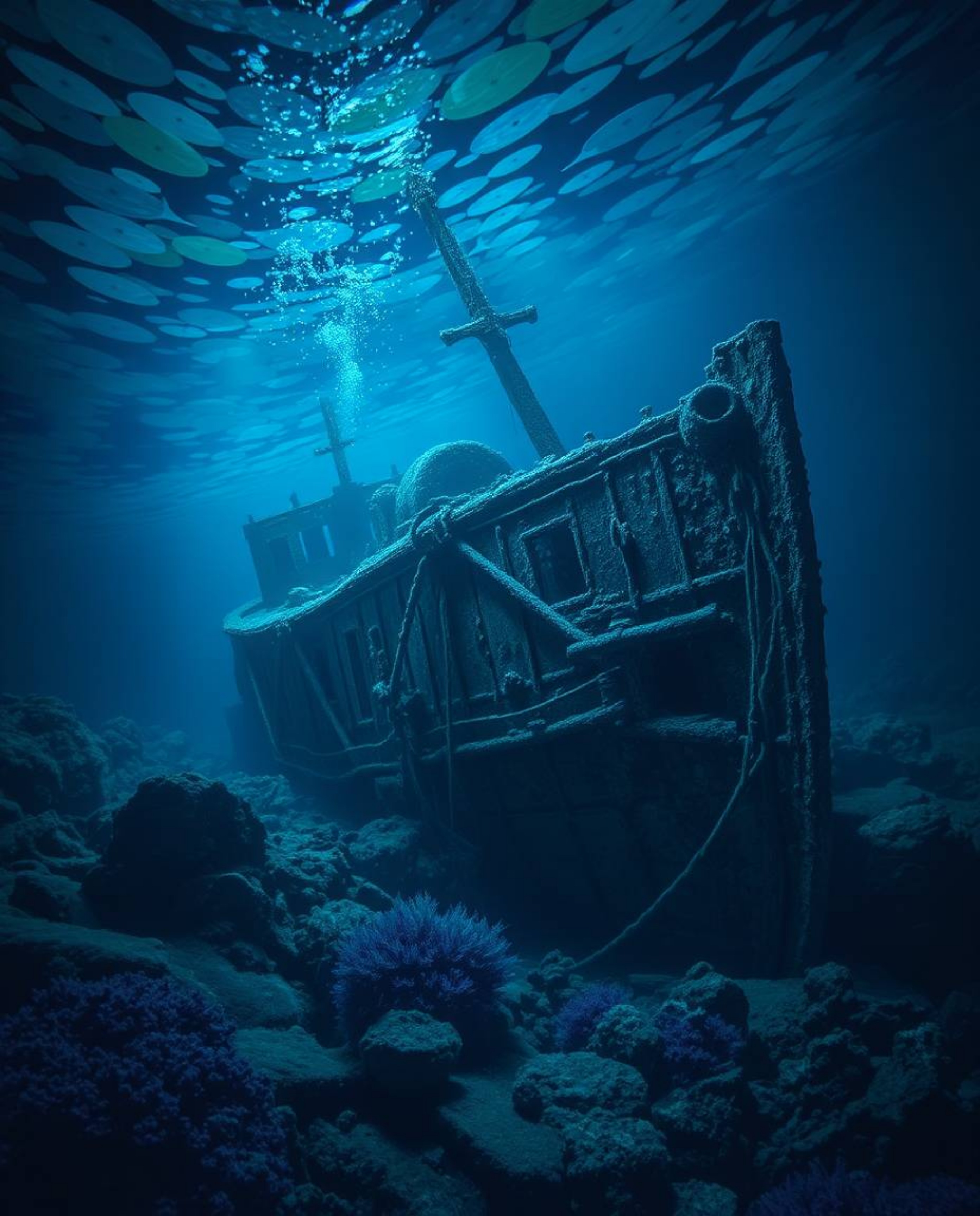 Explore a captivating underwater scene featuring a shipwreck bathed in cool, ethereal light. Dominated by blues, greens, and 