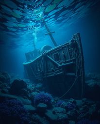 Explore a captivating underwater scene featuring a shipwreck bathed in cool, ethereal light. Dominated by blues, greens, and 