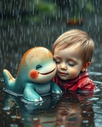 A heartwarming scene unfolds on a rainy day as an adorable sea creature and a child form an unexpected friendship. The gentl
