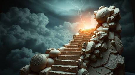 This sculptural clay art piece depicts a winding stairway of smoke and light ascending into a vast, cloudy sky.  The modeled 