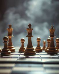 A surreal and captivating image depicting a chessboard in mid-air, caught in a moment of frozen destruction. The scene is pre